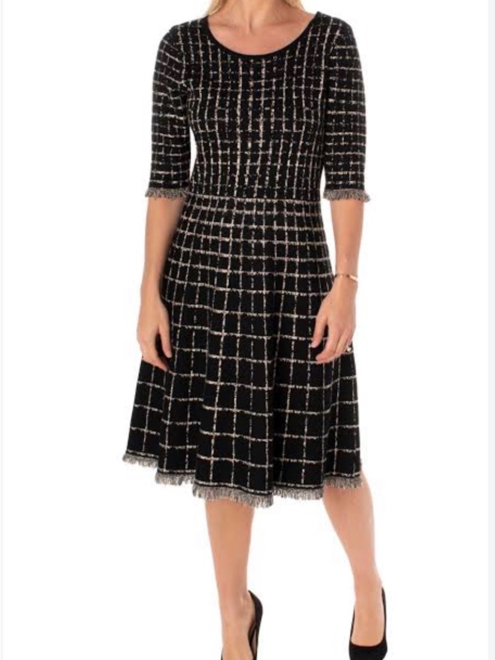 Taylor Windowpane Black White Fringe Hem Sweater Dress Small